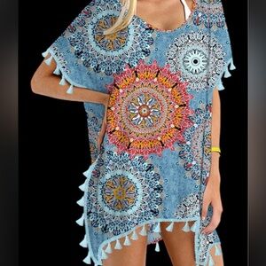 Colorful Mandala Poncho with Tassels